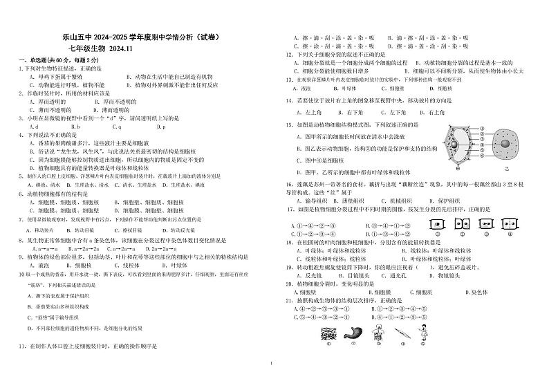 四川省乐山市第五中学2024-2025学年七年级上学期11月期中生物试题01