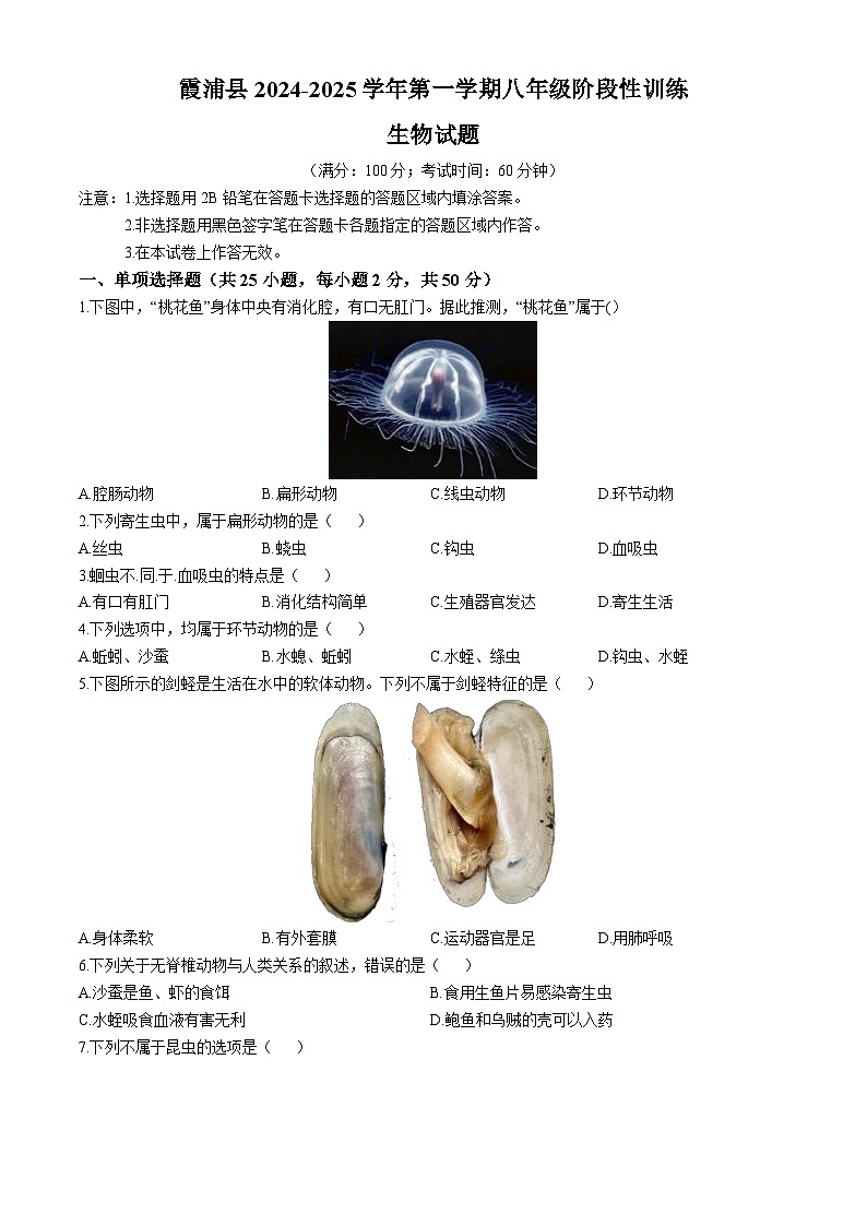 福建省宁德市霞浦县2024-2025学年八年级上学期期中生物学试题01