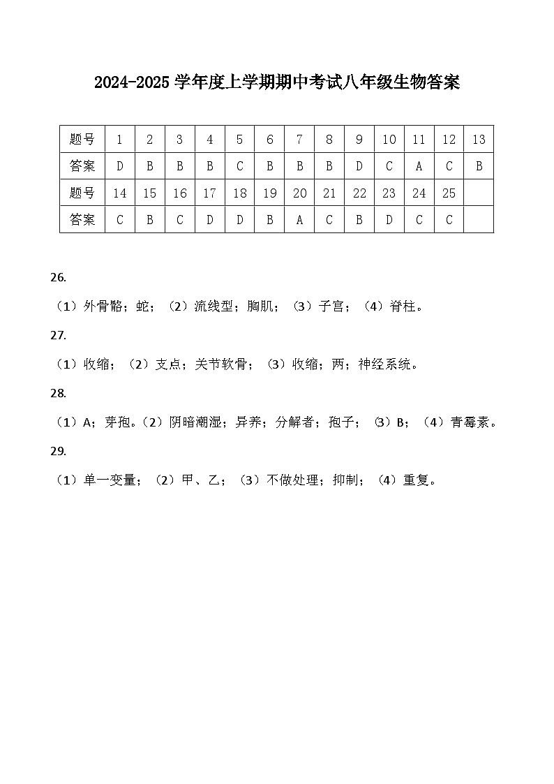 河北省唐山市遵化市2024-2025学年八年级上学期期中考试生物试卷答案第1页