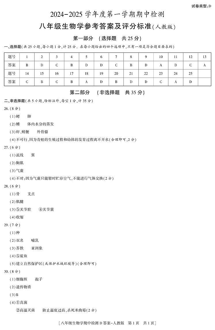 24秋八年级生物期中检测人教版D  答案第1页