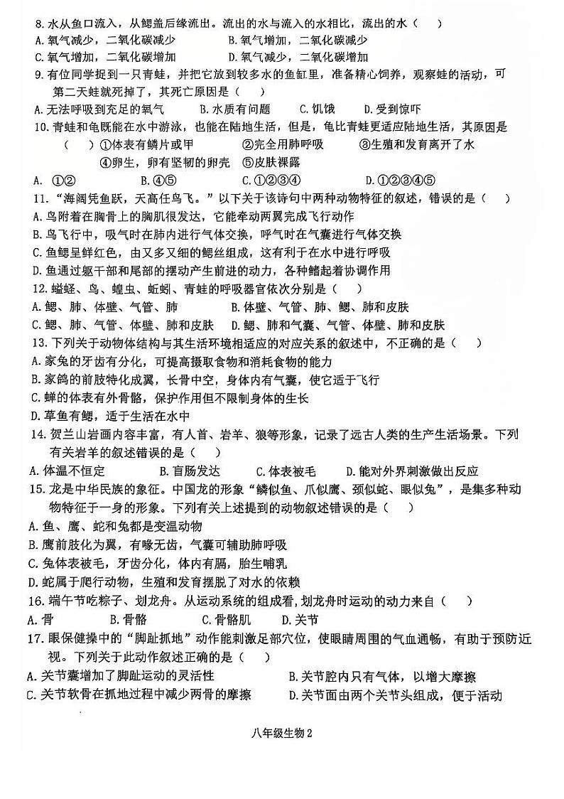 江西省南昌市南昌县2024-2025学年八年级上学期11月期中生物试题02