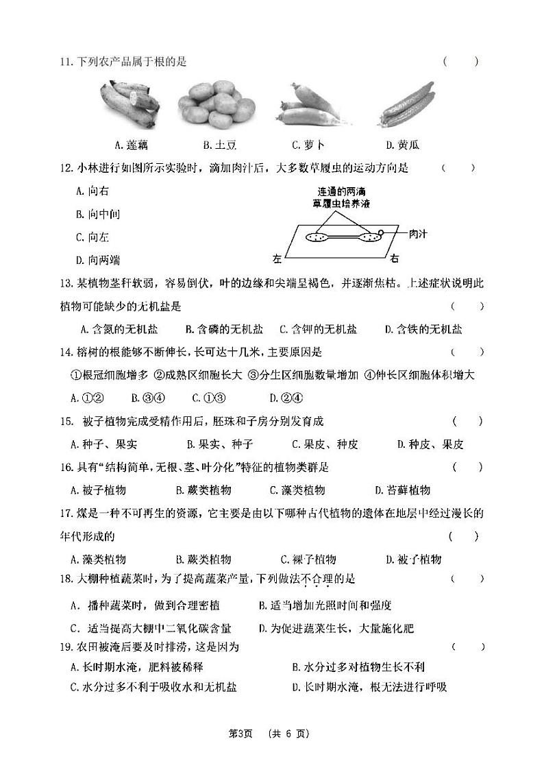 2024年哈尔滨市69中学八年级（上）期中考试生物试题及答案第3页