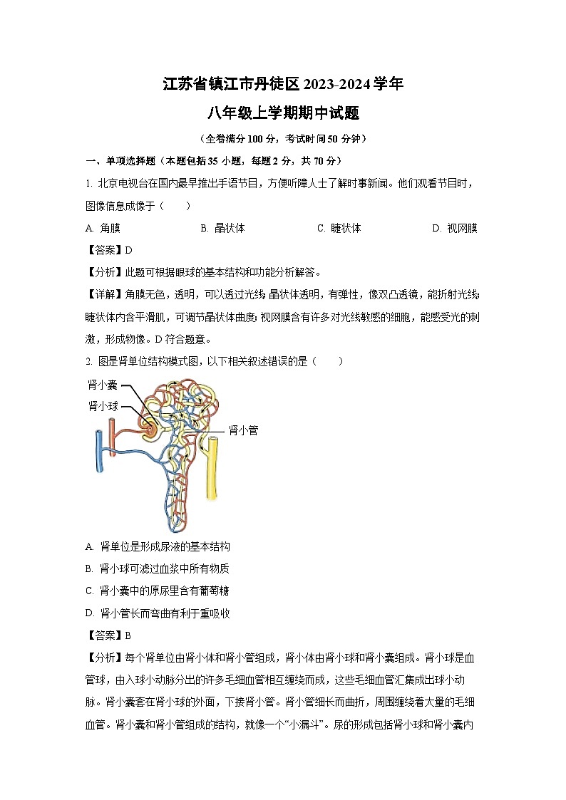 江苏省镇江市丹徒区2023-2024学年八年级上学期期中生物试卷（解析版）01