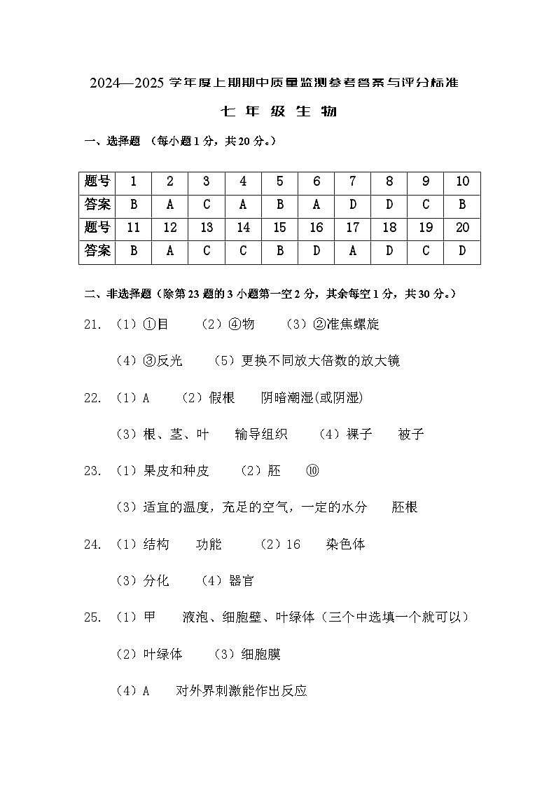河南省信阳市罗山县2024-2025学年七年级上学期11月期中生物试题01