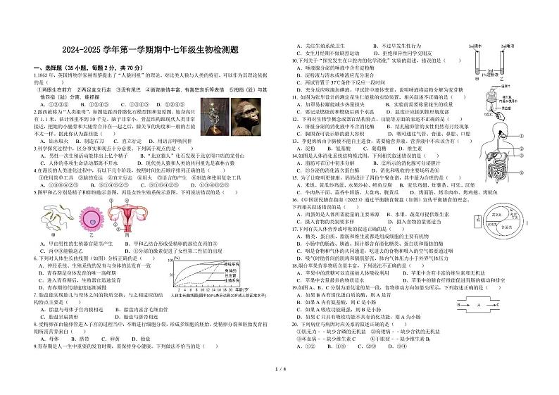 山东省烟台市经济技术开发区（五四制）2024-2025学年七年级上学期期中生物试题第1页