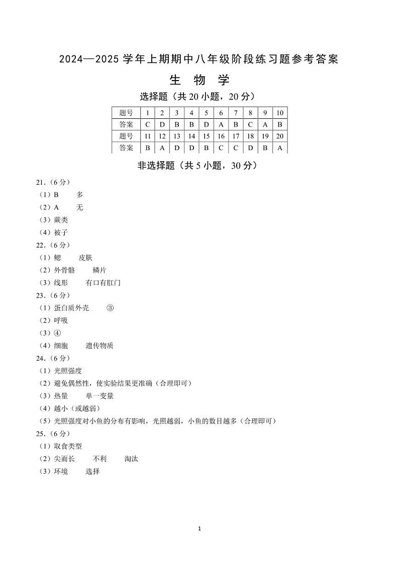 河南省周口市西华县2024-2025学年八年级上学期11月期中生物试题01