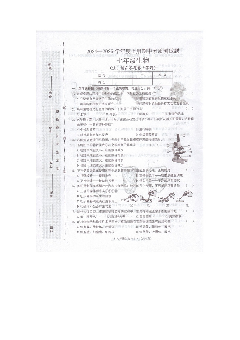 河南省驻马店市泌阳县2024-2025学年七年级上学期11月期中生物试题第1页