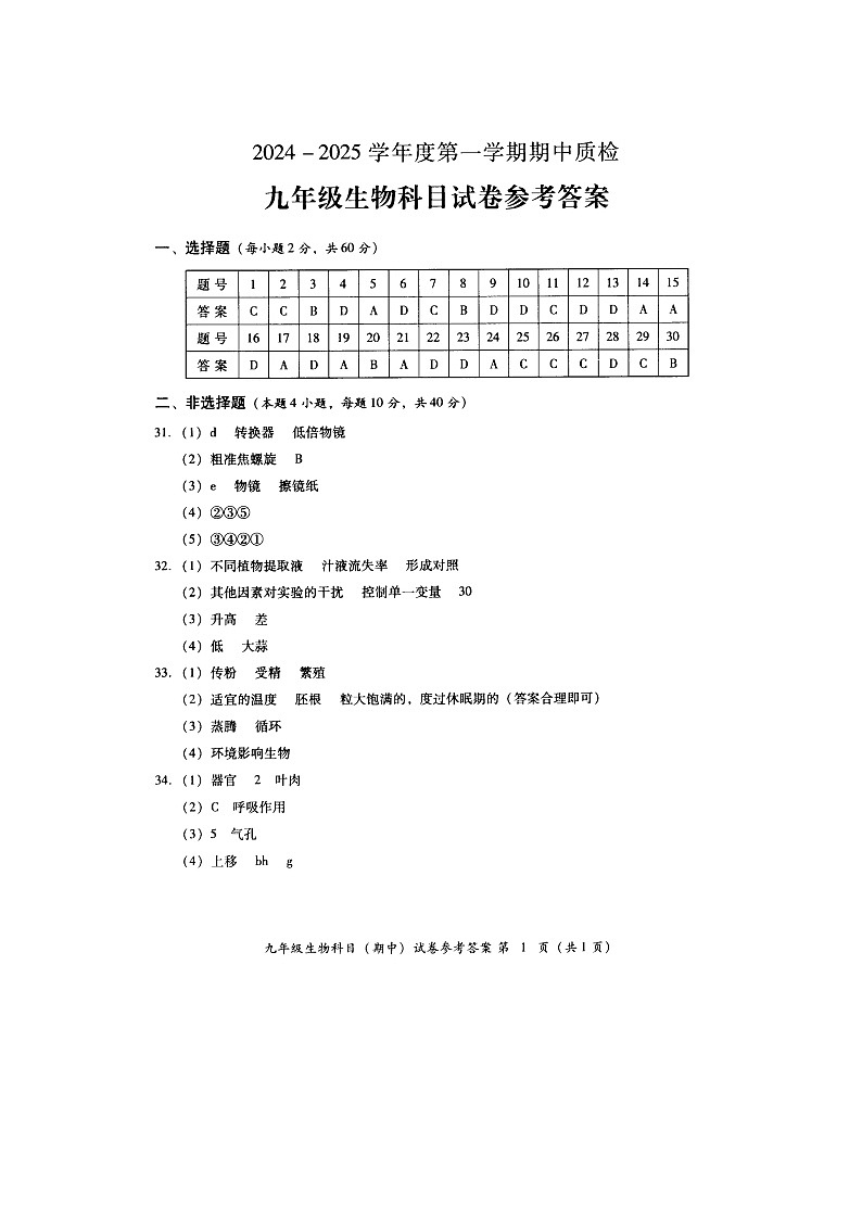 九年级生物期中答案第1页
