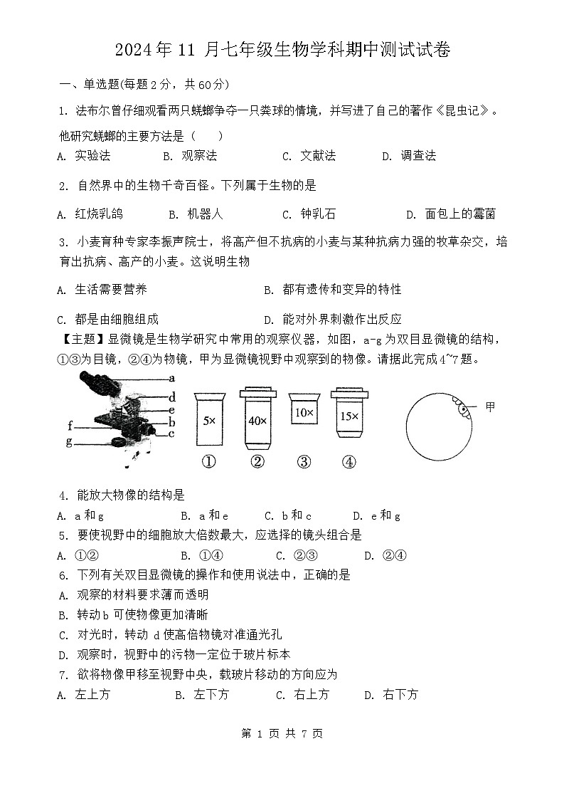 2024-2025中山市共进联盟七年级上期中考试生物试卷第1页