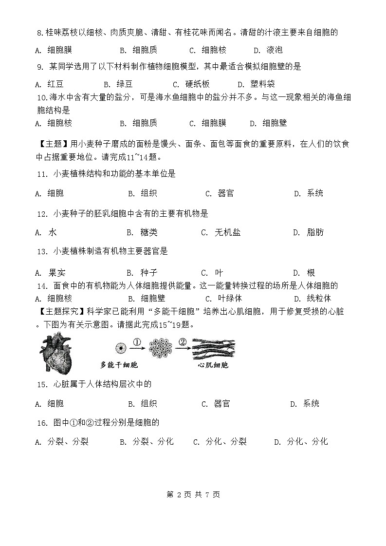 2024-2025中山市共进联盟七年级上期中考试生物试卷第2页