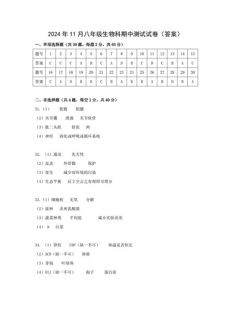 2024年11月八年级生物科期中测试试卷（答案）第1页