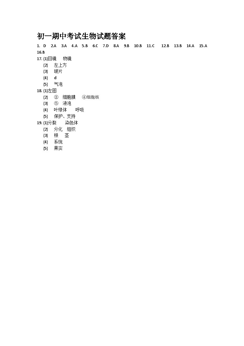 初一期中考试生物答案第1页