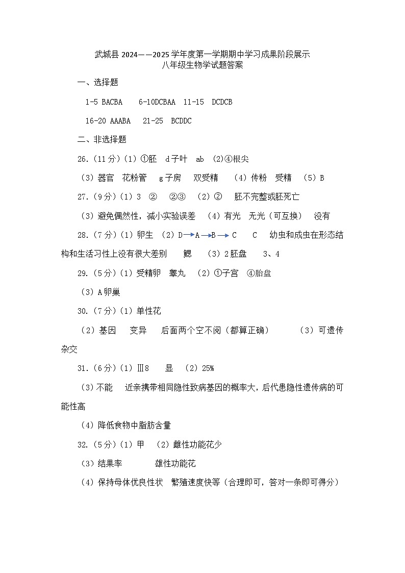 八年级生物试题答案（2024-2025第一学期）第1页