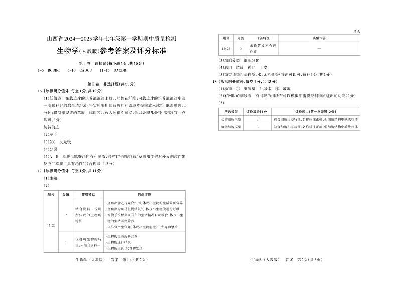 山西省大同市平城区多校联考2024-2025学年七年级上学期期中考试生物试题01