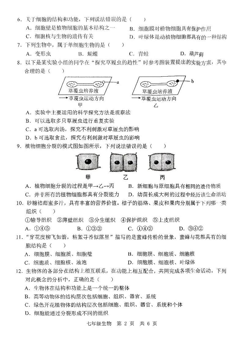 七年级生物试题第2页
