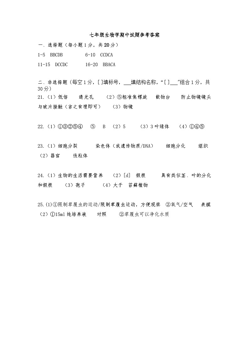 2024秋七年级期中生物学试题答案第1页