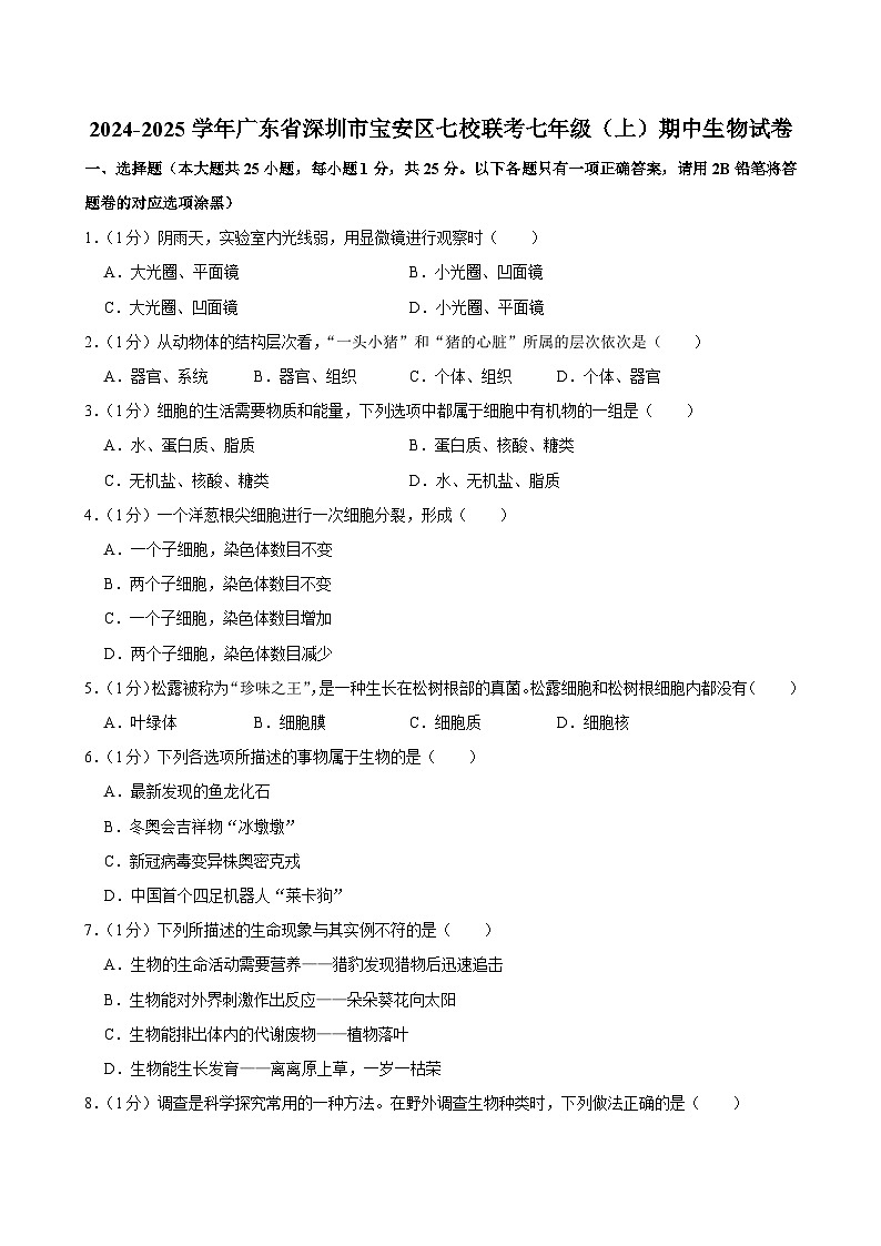 广东省深圳市宝安区七校联考2024-2025学年七年级上学期期中考试生物试卷01