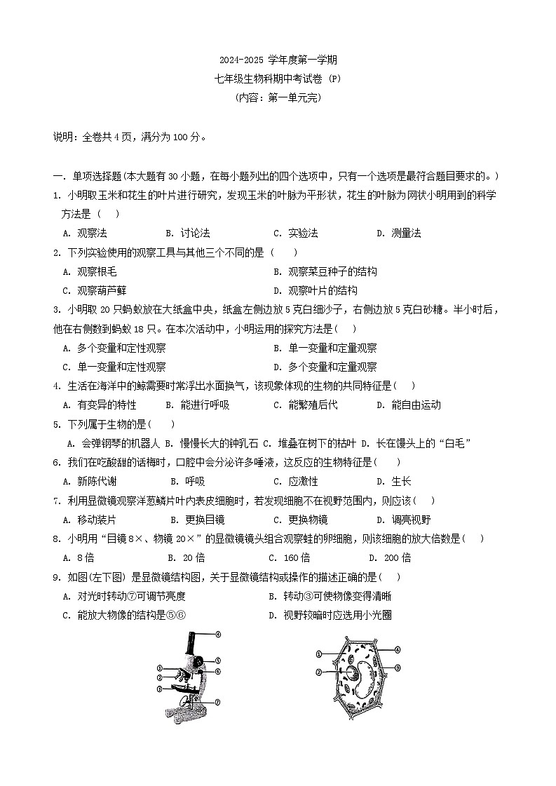 广东省汕头市潮南区2024-2025学年七年级上学期期中考试生物试题第1页