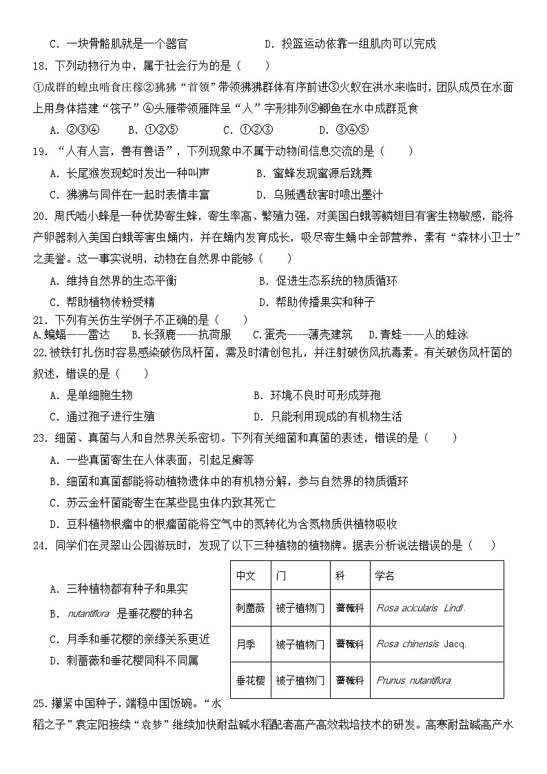 湖南省怀化市溆浦县第一中学2024-2025学年八年级上学期11月期中生物试题第3页