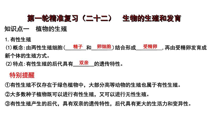 2025年中考生物一轮复习考点通关精讲课件专题22 生物的生殖和发育（含答案）第1页