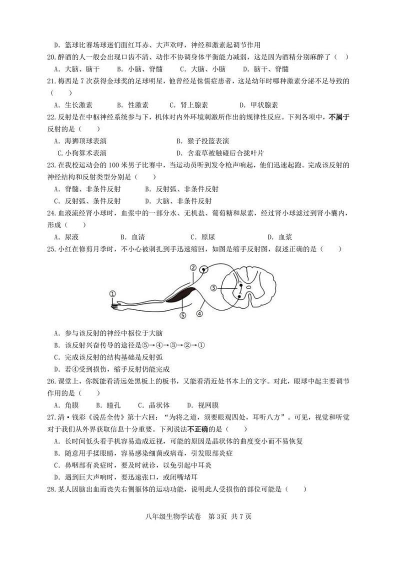 八年级生物学期中试卷第3页