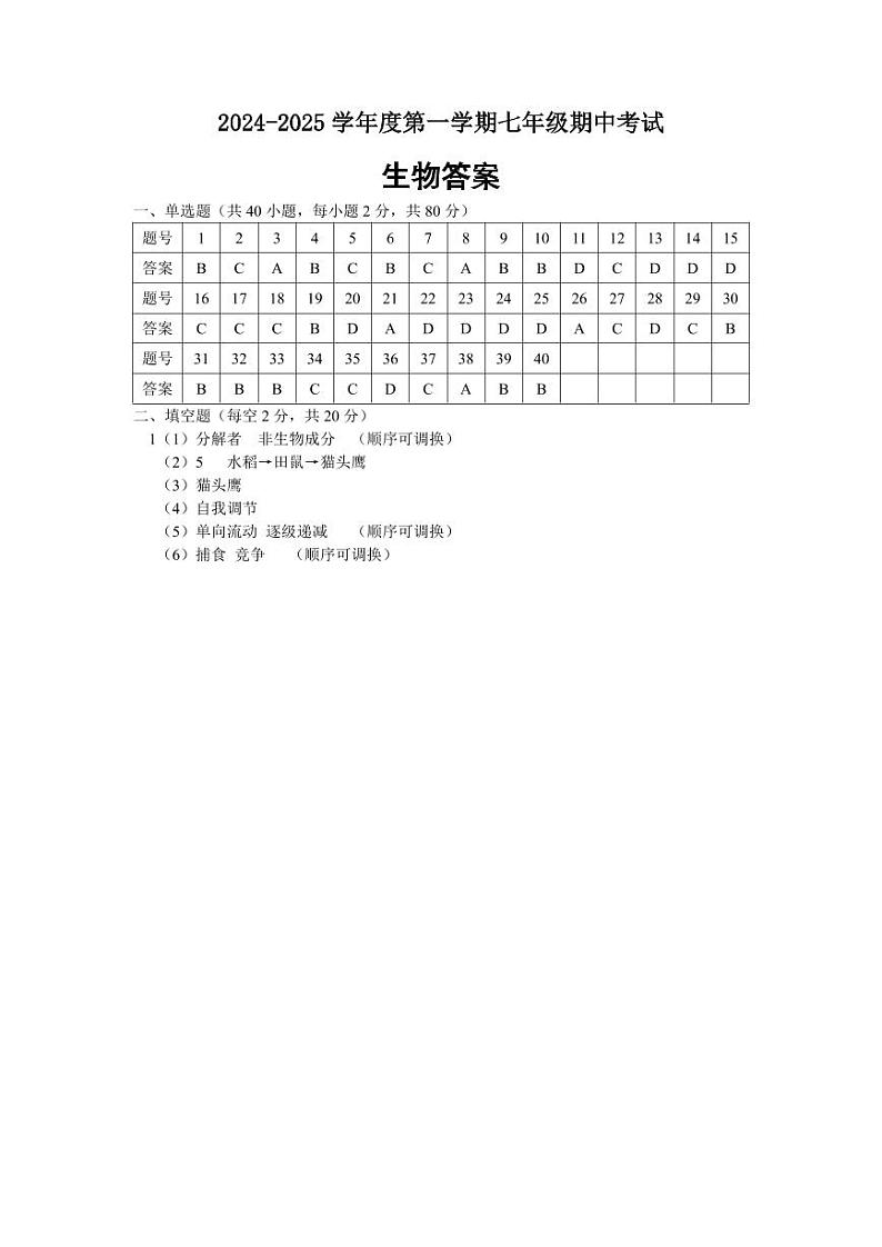 七年级生物答案第1页
