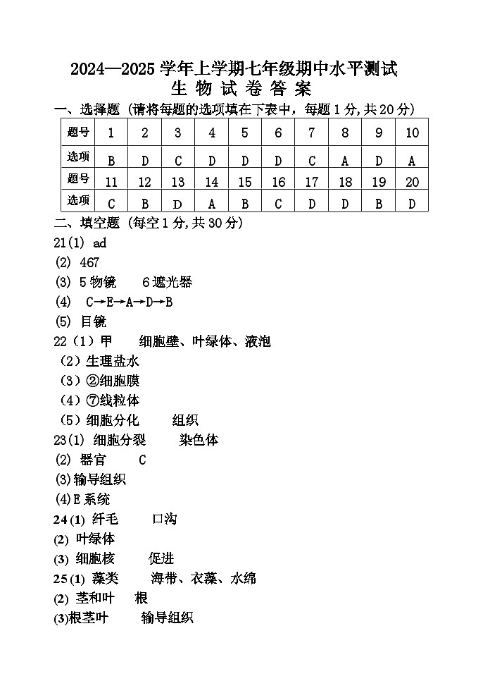 河南省新乡市原阳县2024-2025学年七年级上学期11月期中生物试题01