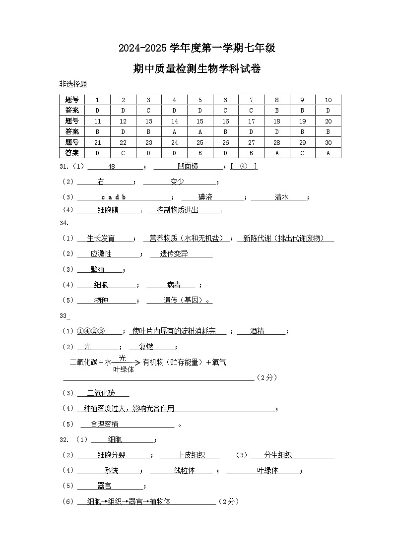 广东省揭阳市揭西县2024-2025学年七年级上学期期中考试生物试题01