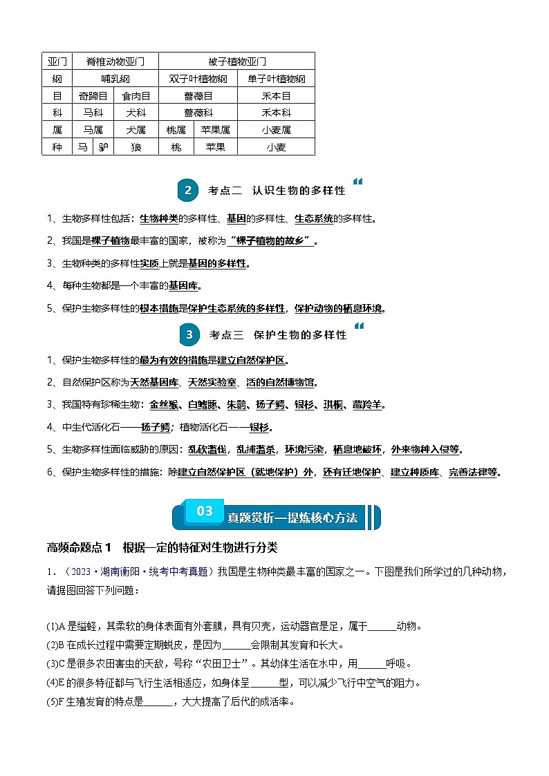 2025年中考生物一轮复习知识清单11 生物的多样性及其保护（3大考点+5大高频命题点）（教师版）第3页
