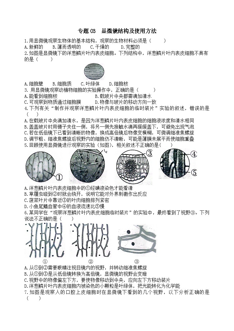 2025年中考生物一轮复习考点通关练习专题03 显微镜的结构、功能和使用（原卷版）第1页