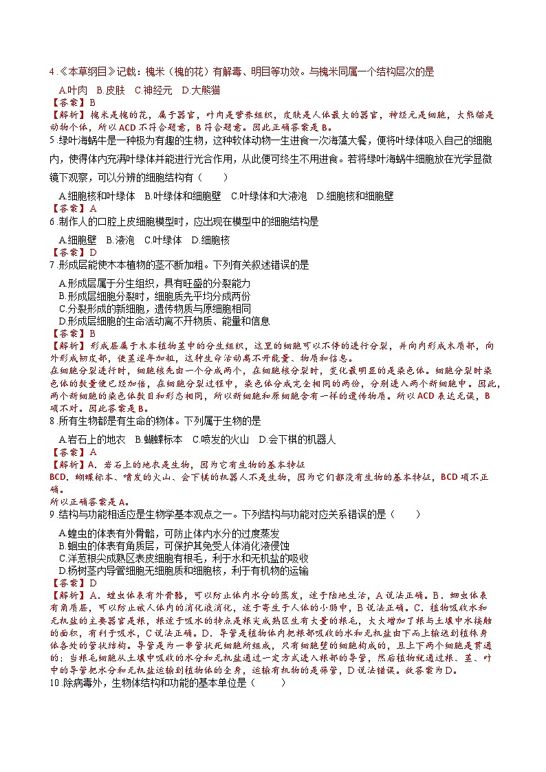 2025年中考生物一轮复习考点通关练习专题04 观察生物的结构（解析版）第2页