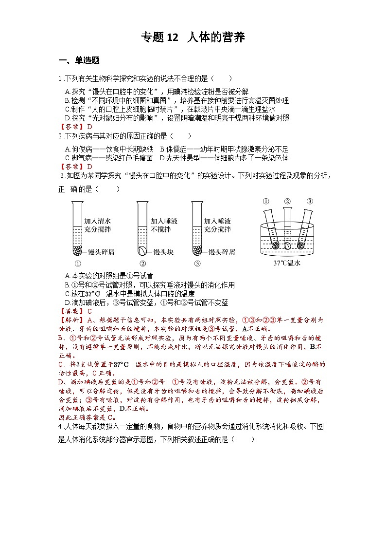 2025年中考生物一轮复习考点通关练习专题12 人体的营养（解析版）第1页