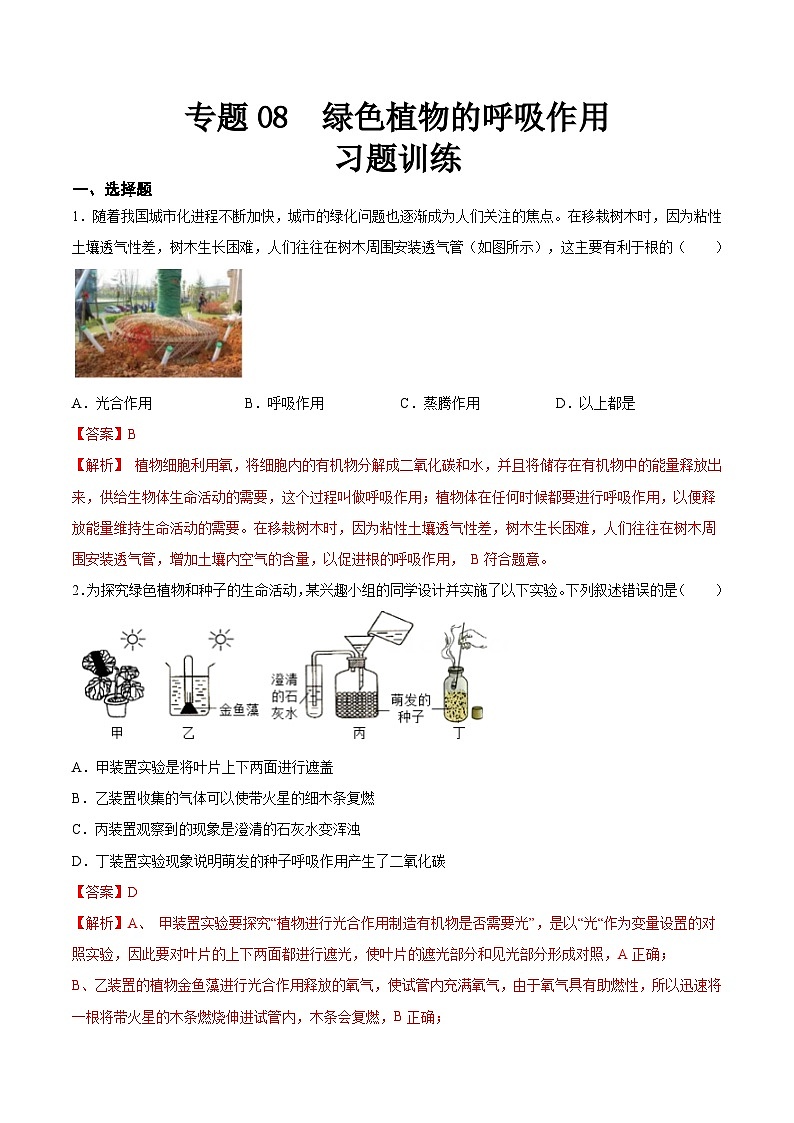 2025年中考生物一轮复习精讲精练专题08 绿色植物的呼吸作用（解析版）第1页