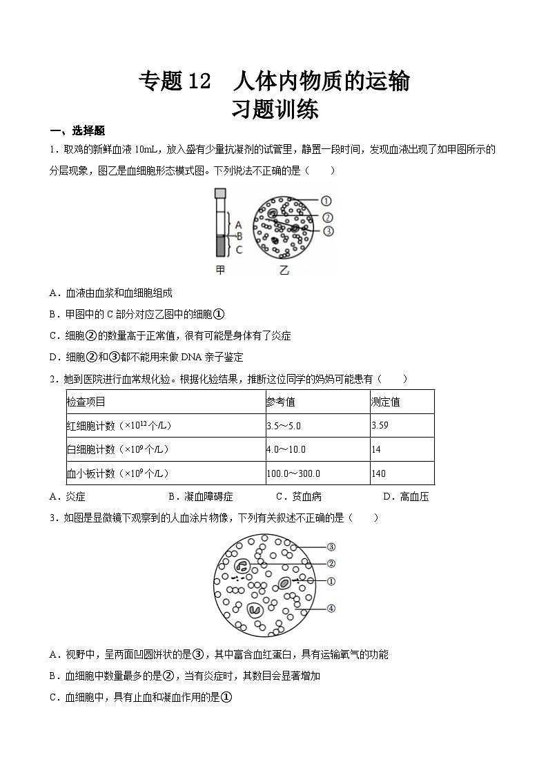 2025年中考生物一轮复习精讲精练专题12 人体内物质的运输（2份，原卷版+解析版）01