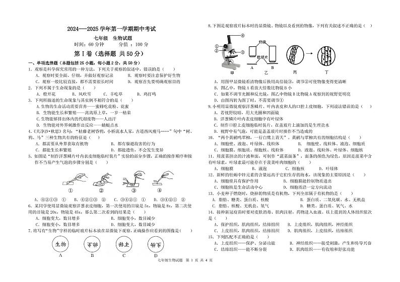 山东省聊城市茌平区2024-2025学年七年级上学期期中考试生物试题01