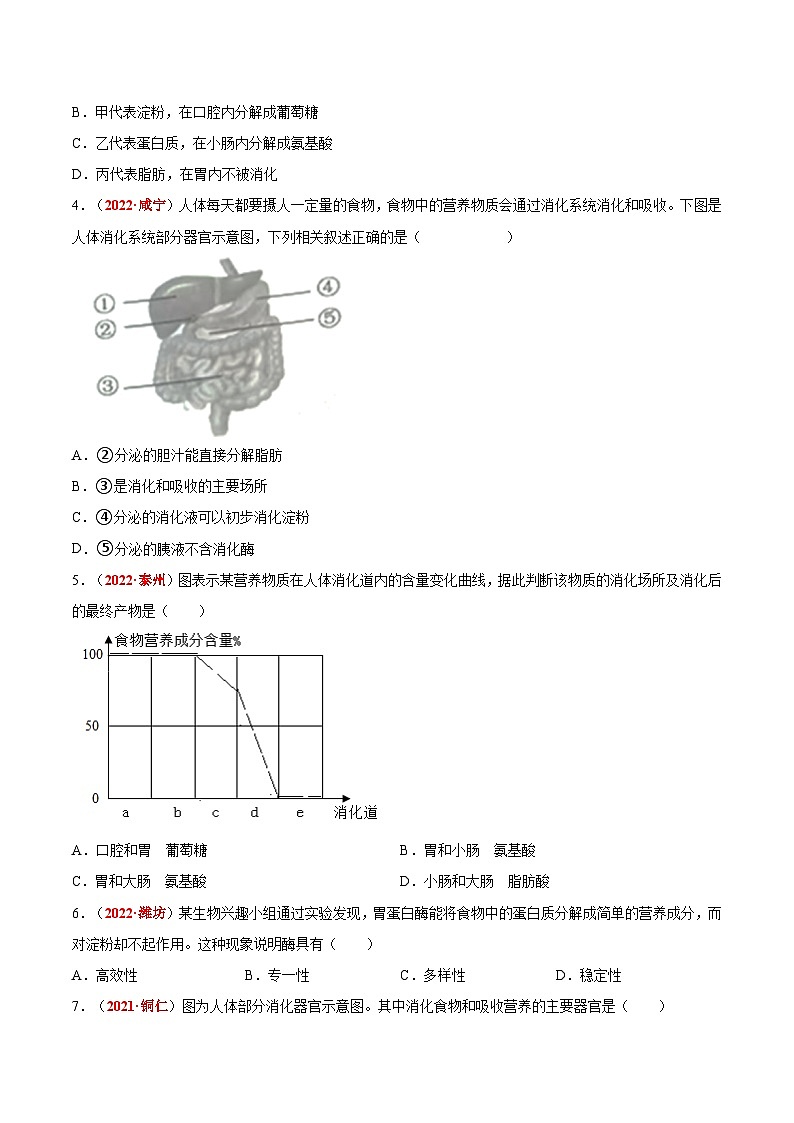 2025年中考生物真题分项汇编 专题06 人体的营养和呼吸（原卷版）第3页