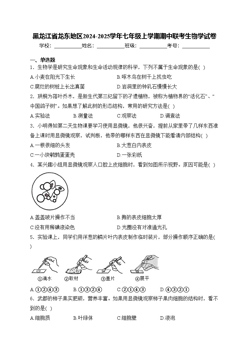 黑龙江省龙东地区2024-2025学年七年级上学期期中联考生物学试卷(含答案)第1页