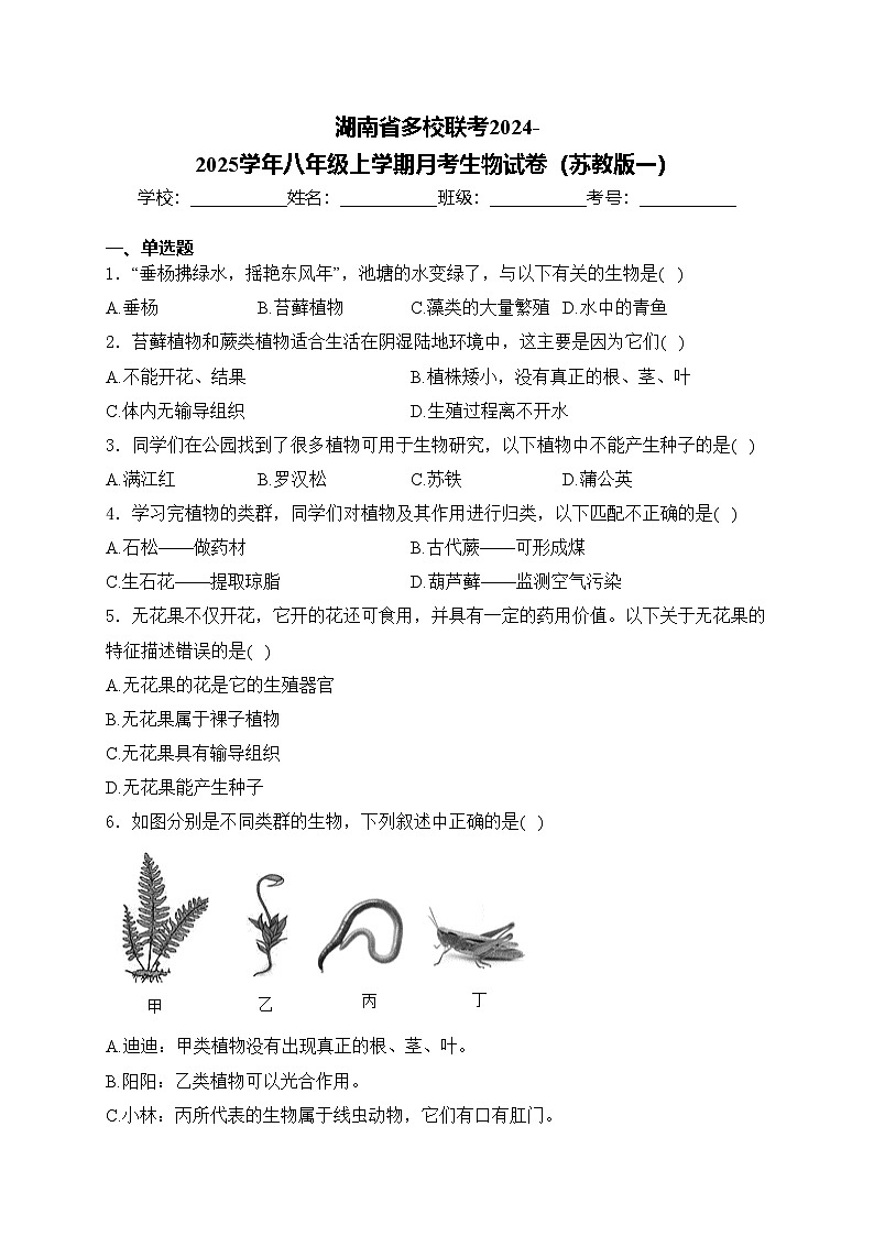 湖南省多校联考2024-2025学年八年级上学期月考生物试卷（苏教版一）(含答案)第1页
