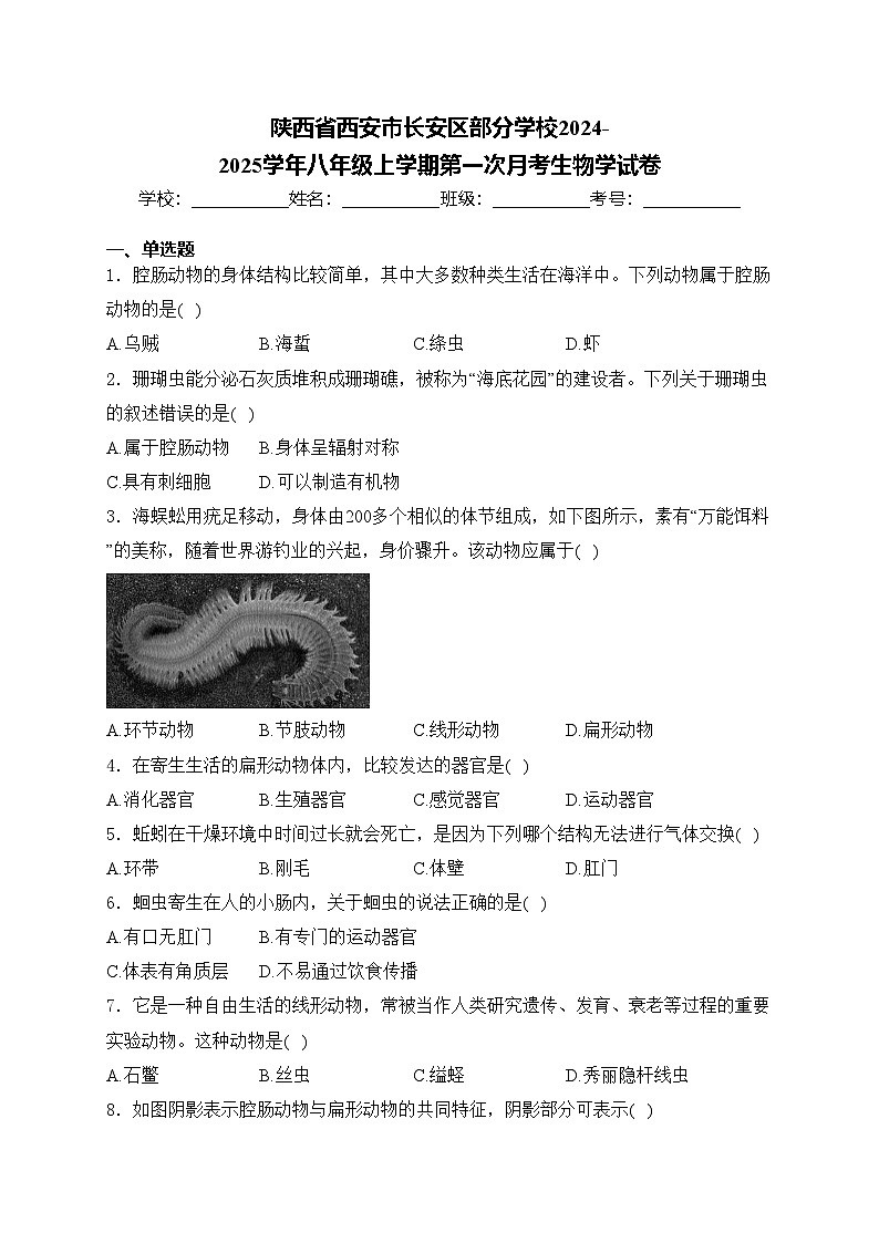 陕西省西安市长安区部分学校2024-2025学年八年级上学期第一次月考生物学试卷(含答案)第1页