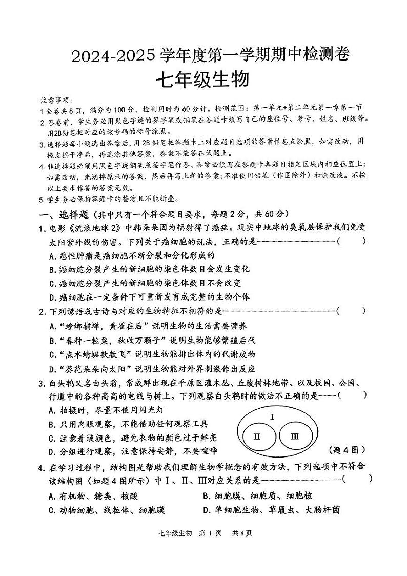 广东省东莞市长安镇2024-2025学年七年级上学期期中检测生物试卷第1页