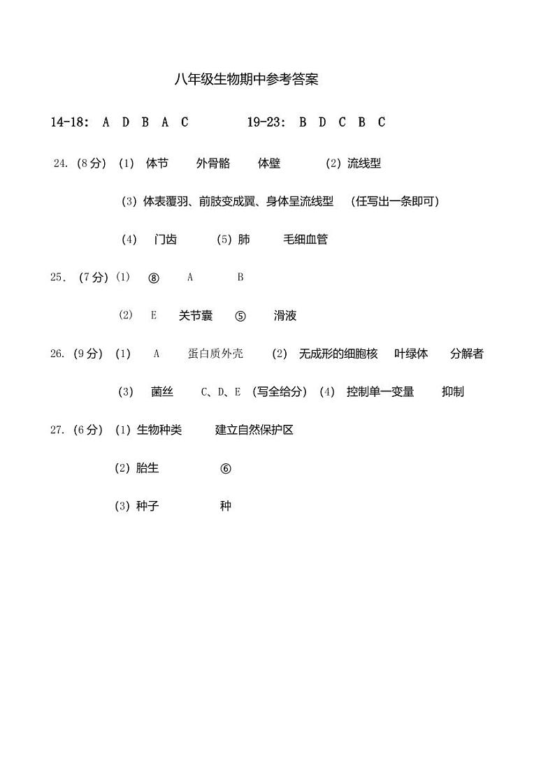 2024年八（上）生物期中参考答案第1页