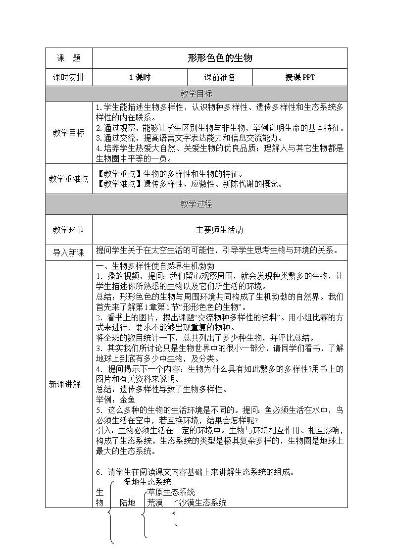 北师大版（2024）七年级生物上册教案 1.1 形形色色的生物第1页