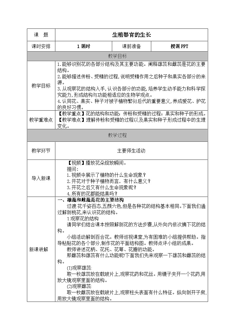 北师大版（2024）七年级生物上册教案 5.3 生殖器官的生长第1页