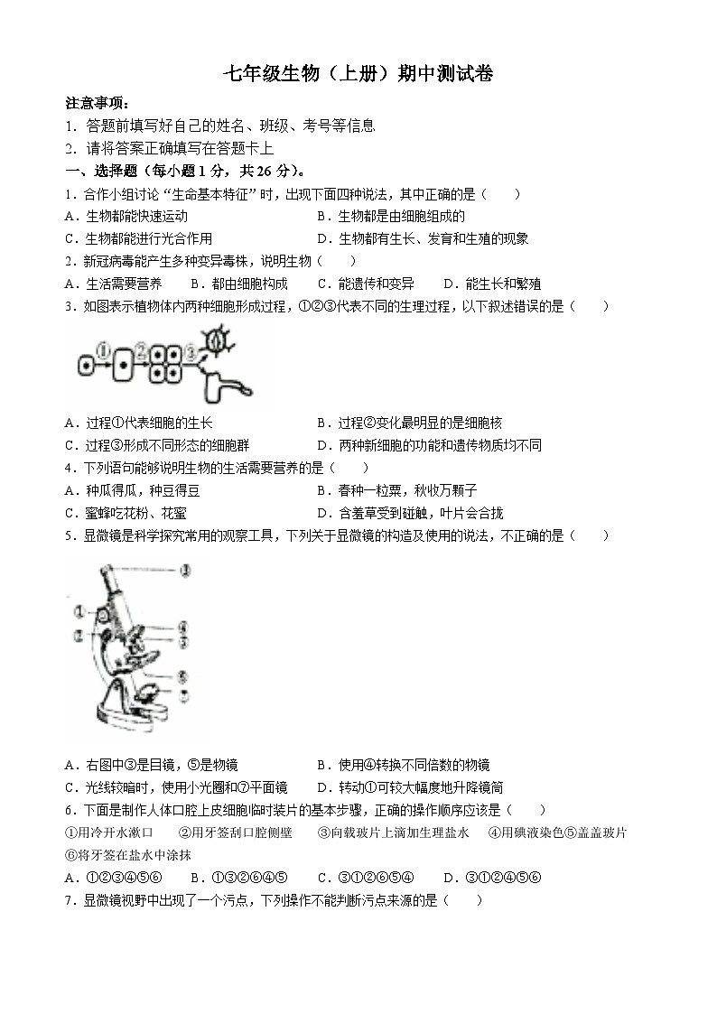 江西省抚州市东乡区2024-2025学年七年级上学期期中生物试题第1页