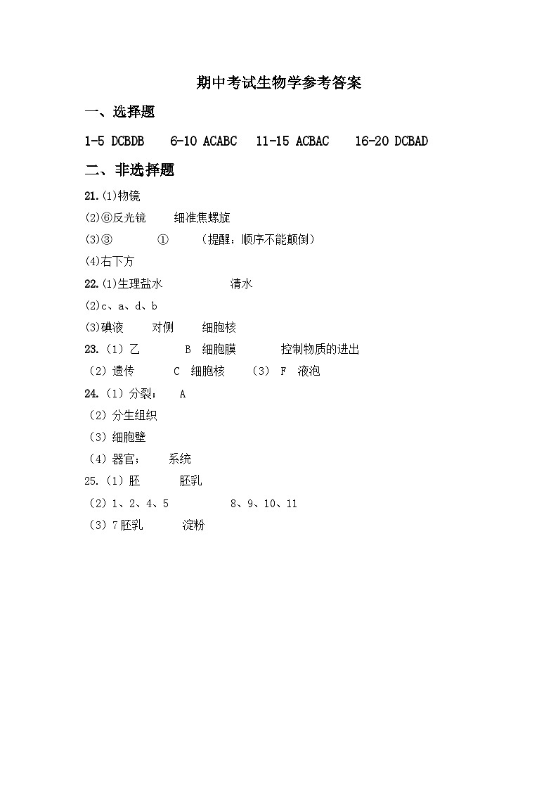 河南省漯河市临颍县2024-2025学年七年级上学期11月期中考试生物试题01