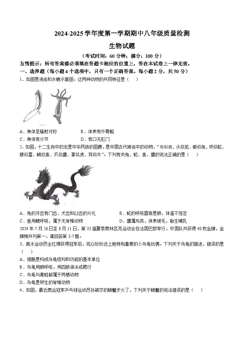 福建省宁德市福鼎市2024-2025学年八年级上学期期中生物学试题第1页