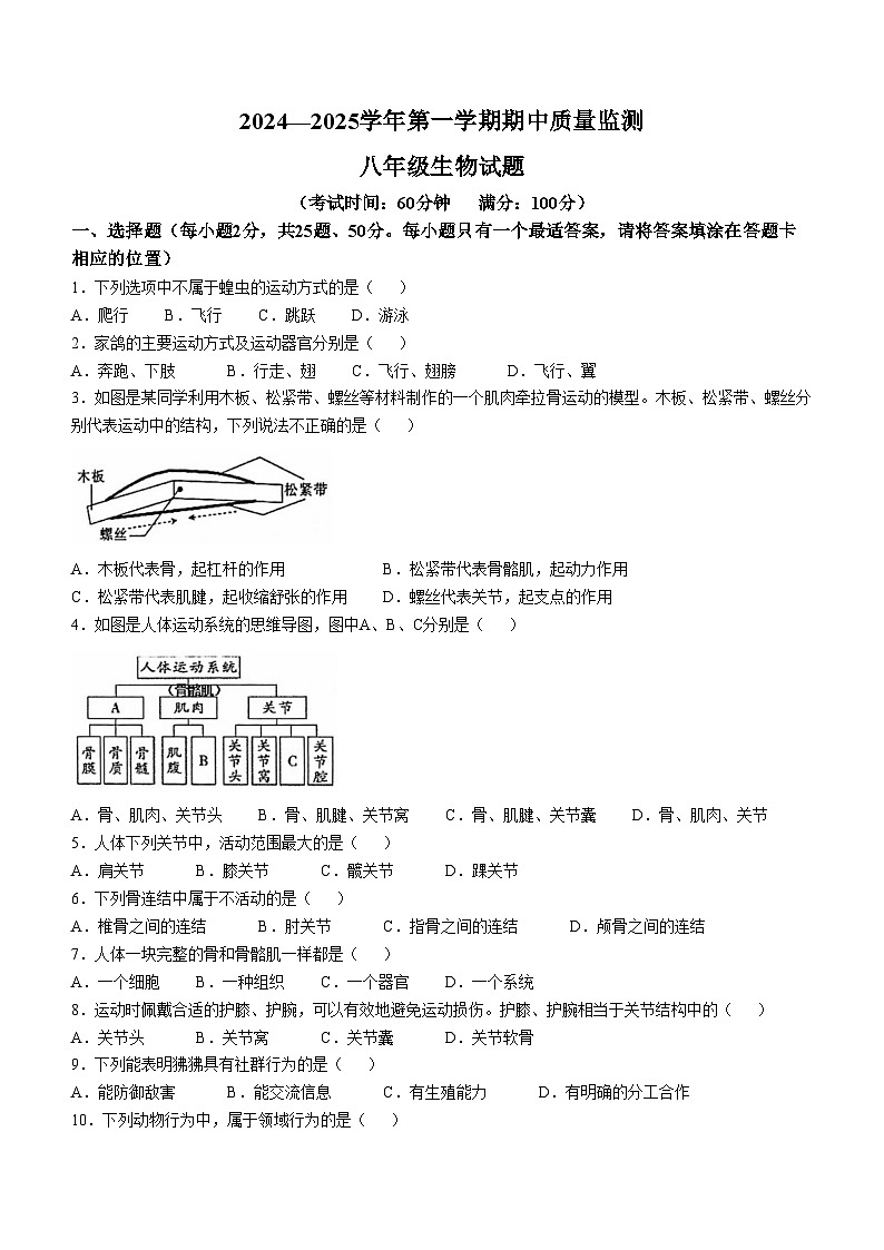 福建省龙岩市长汀县2024-2025学年八年级上学期期中生物学试题第1页