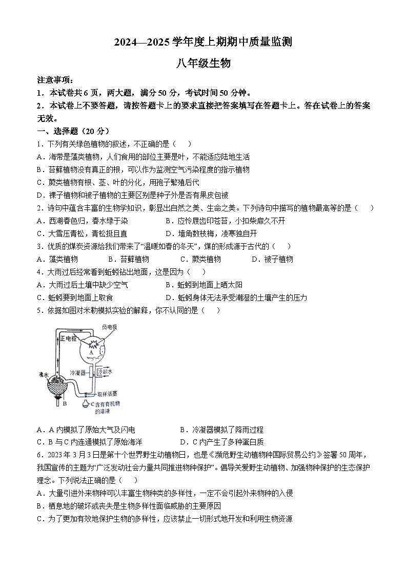 河南省周口市川汇区2024-2025学年八年级上学期期中生物学试题(无答案)第1页