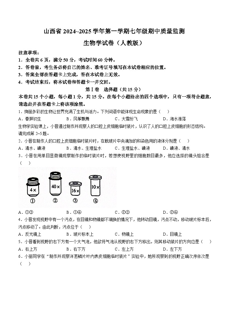 山西省晋中市寿阳县2024-2025学年七年级上学期期中生物学试题(无答案)第1页