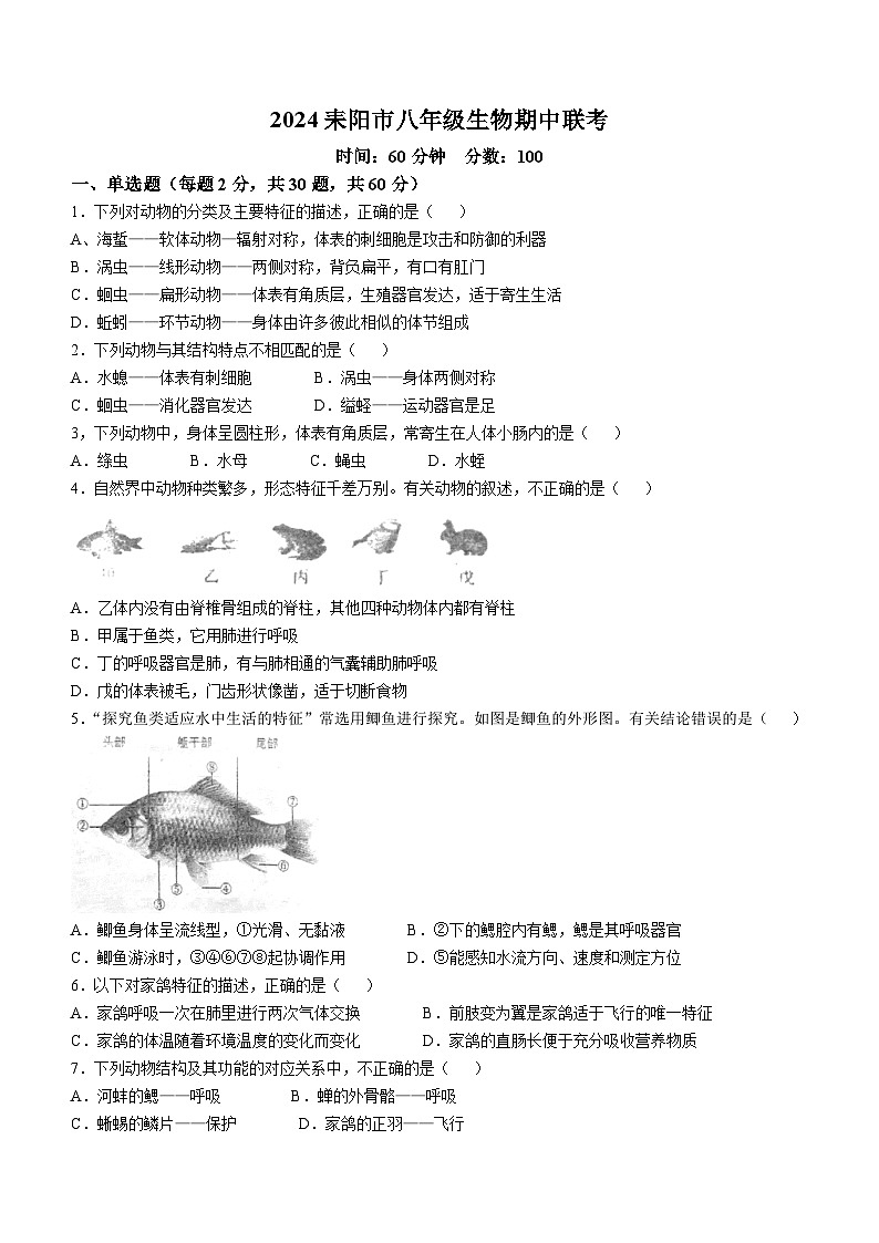 湖南省衡阳市耒阳市2024-2025学年八年级上学期九校期中联考生物试题(无答案)第1页